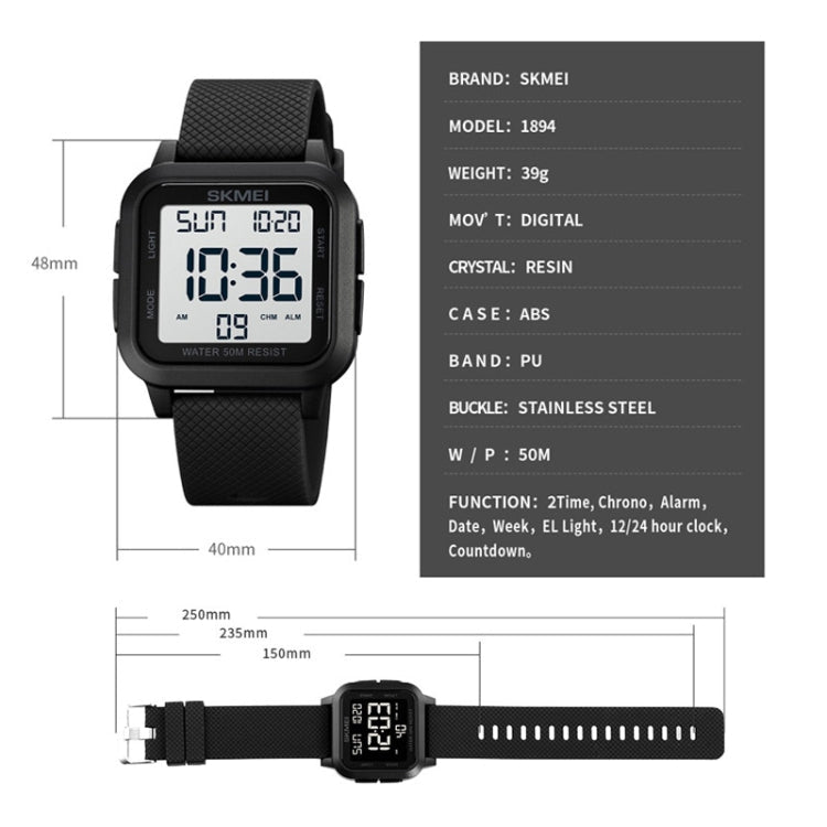 SKMEI 1894 Square Sports Waterproof Student Simple Multifunctional Luminous Watch(Army Green White Machine)