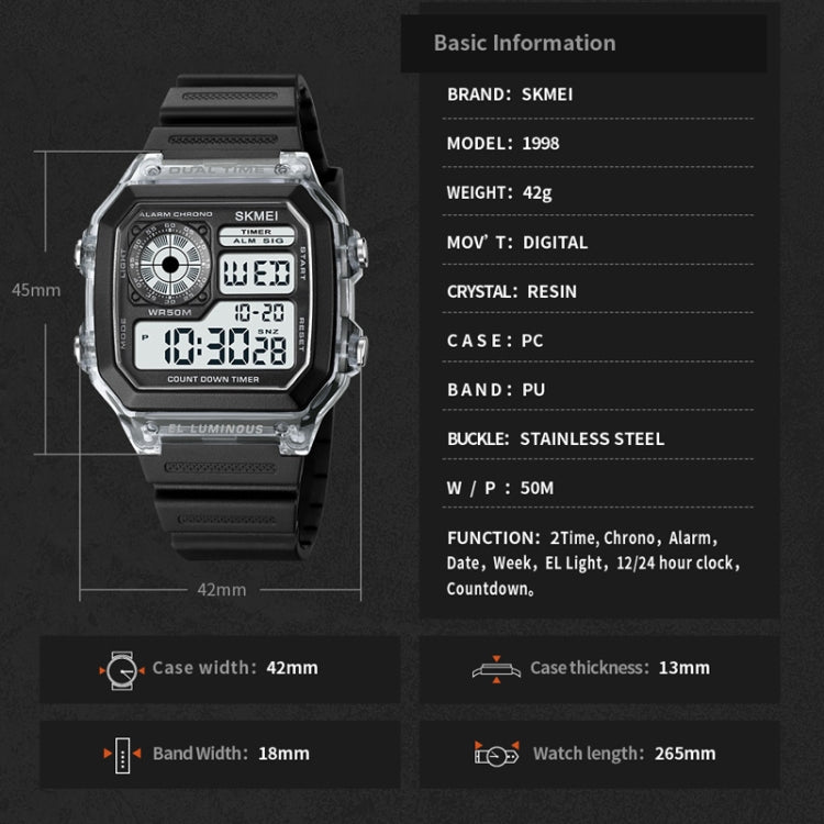 SKMEI 1998 Transparent Shell Ice Sensor Outdoor Sports Waterproof Multi-function Watch(Black)