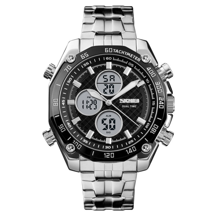skmei-1302-fashion-men-leisure-wrist-watch-multifunctional-dual-time-sports-digital-watch-with-stainless-steel-watchband-30m-waterproof-silver-black