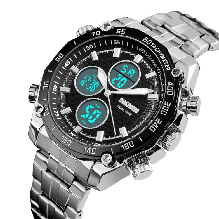 skmei-1302-fashion-men-leisure-wrist-watch-multifunctional-dual-time-sports-digital-watch-with-stainless-steel-watchband-30m-waterproof-silver-black