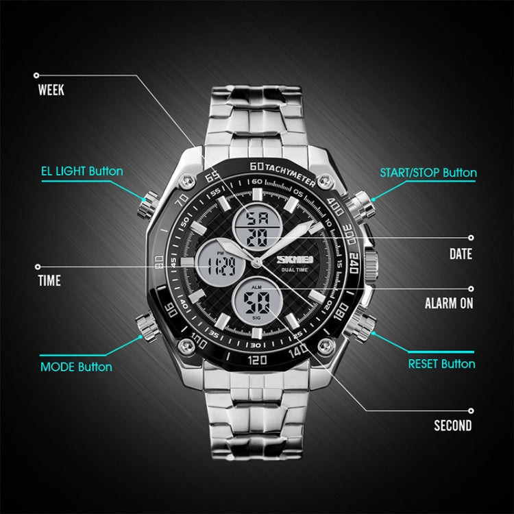 skmei-1302-fashion-men-leisure-wrist-watch-multifunctional-dual-time-sports-digital-watch-with-stainless-steel-watchband-30m-waterproof-silver-black