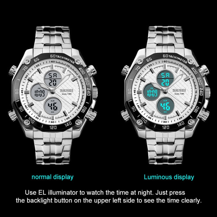 skmei-1302-fashion-men-leisure-wrist-watch-multifunctional-dual-time-sports-digital-watch-with-stainless-steel-watchband-30m-waterproof-silver-black