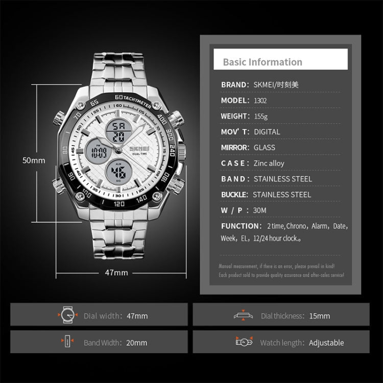skmei-1302-fashion-men-leisure-wrist-watch-multifunctional-dual-time-sports-digital-watch-with-stainless-steel-watchband-30m-waterproof-silver-black