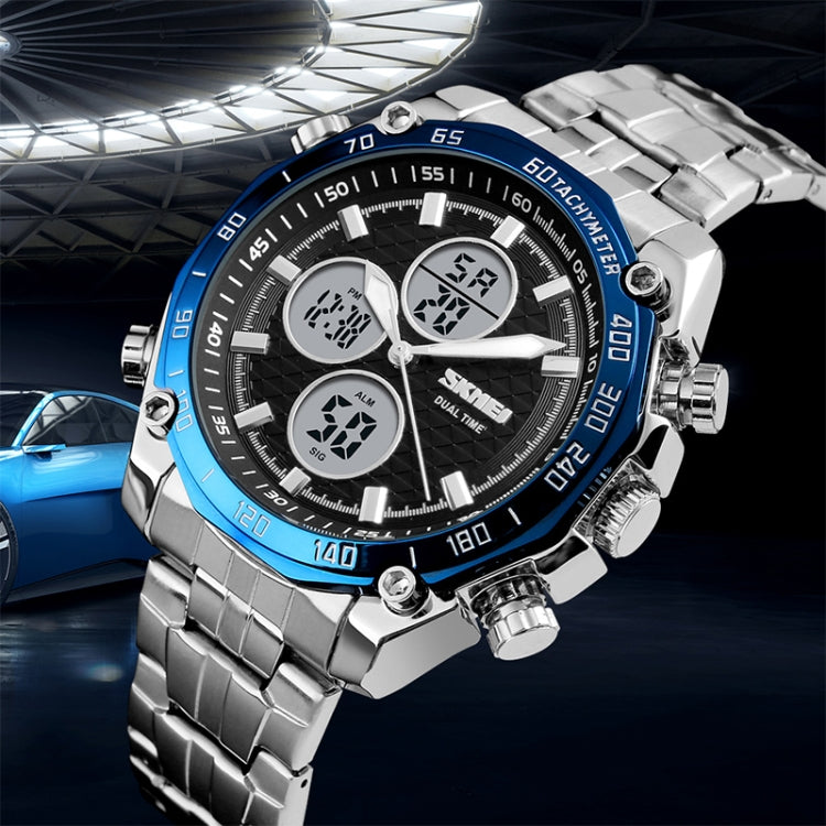 skmei-1302-fashion-men-leisure-wrist-watch-multifunctional-dual-time-sports-digital-watch-with-stainless-steel-watchband-30m-waterproof-silver-black