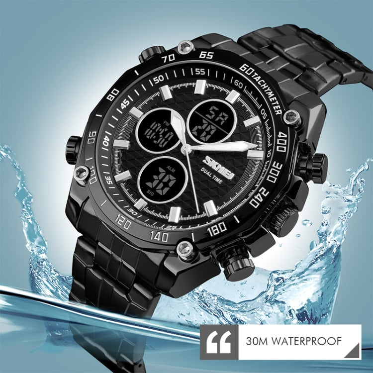 skmei-1302-fashion-men-leisure-wrist-watch-multifunctional-dual-time-sports-digital-watch-with-stainless-steel-watchband-30m-waterproof-silver-black